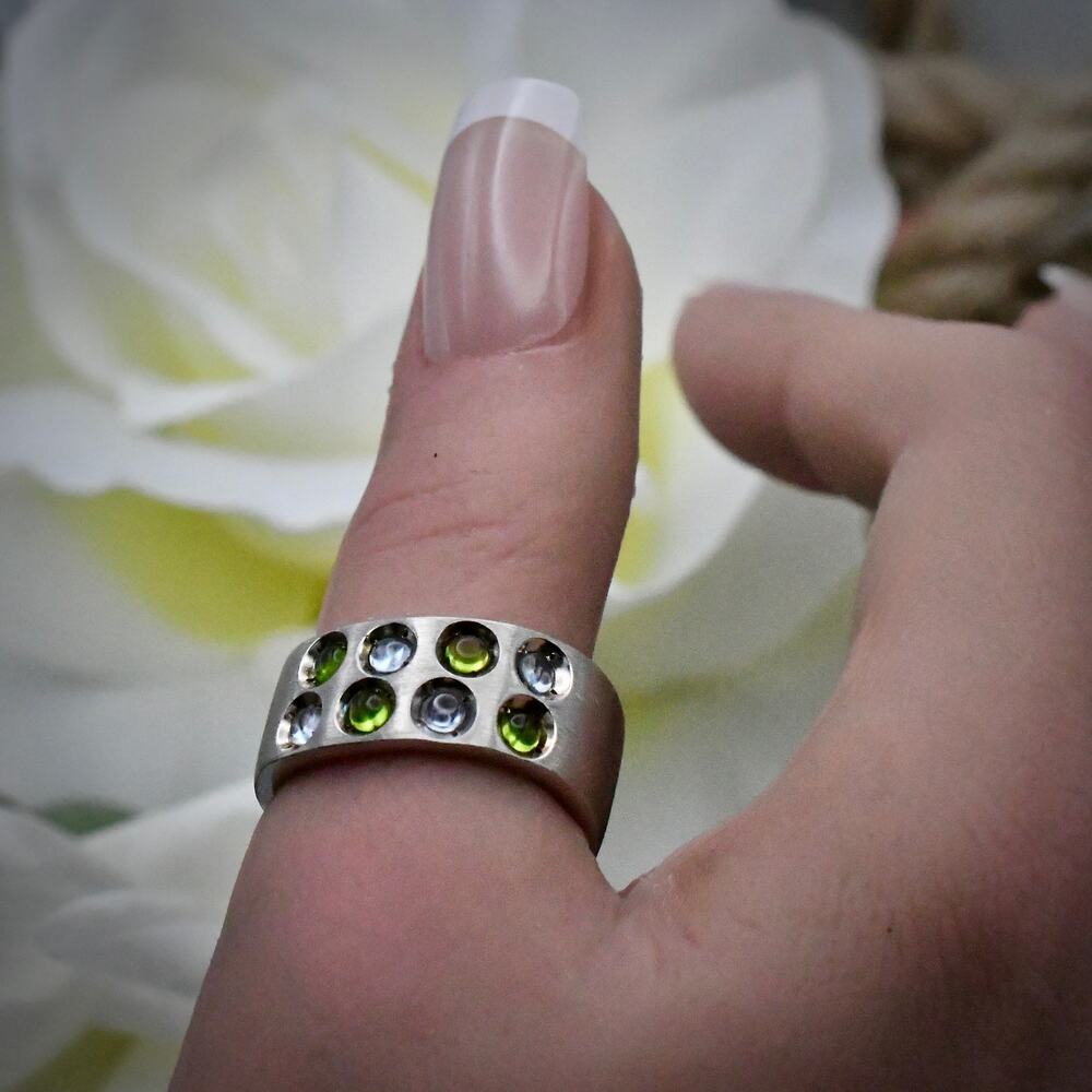 Vintage Zoppini Italy 925 Sterling Silver Green Stone Wide Band Bubble Ring Sz 7